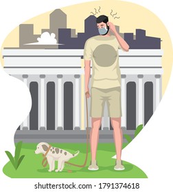 A dog pooping while walking with his owner outside