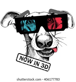 Dog portrait in a 3D glasses. Vector illustration.