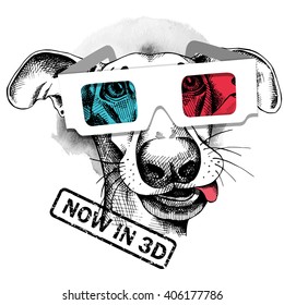 Dog portrait in a 3D glasses. Vector illustration.