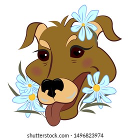 Dog, Portrait of cute funny dog in daisies, vector illustration