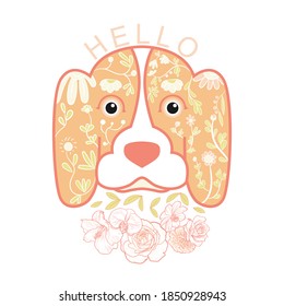 Dog portrait decorated with doodle pattern inside and flower and hello wording on white background. vector illustration.