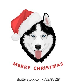 Dog portrait in a red Santa's hat. Black and white Siberian husky with blue eyes. Merry Christmas and Happy New Year. The dog is a symbol of 2018. Vector illustration
