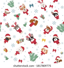 Dog portraits in Santa hats and scarves. Christmas holiday seamless pattern. Vector illustration