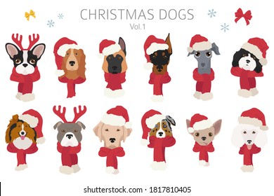 Dog portraits in Santa hats and scarves. Christmas holiday design. Vector illustration