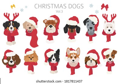 Dog portraits in Santa hats and scarves. Christmas holiday design. Vector illustration