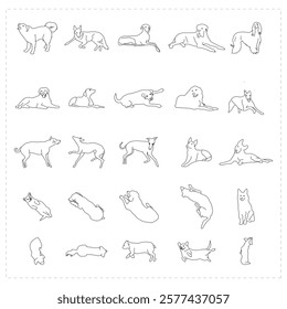 Dog poses Simple line drawings various dog breeds, sitting dogs, standing dogs, lying dogs, playful dogs, minimalist dog illustrations, black and white outlines, dog anatomy studies, puppy sketches