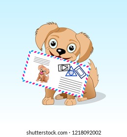 dog postman. Fun brown puppy is sitting with the mail envelope in the teeth. Vector Illustration