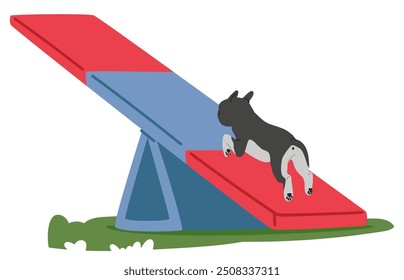 Dog Practicing On Outdoor Agility Training Seesaw Equipment. Concept Of Pet Training, Agility Courses, Obedience, And Active Outdoor Lifestyles For Pets. Cartoon Vector Illustration