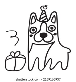 Dog with present box. Birthday concept. Vector outline icon on white background.