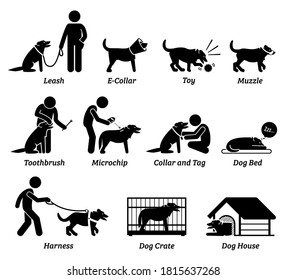 Juego de iconos de herramientas y equipos de productos para perros. Ilustraciones vectoriales y pictograma de correa de perro, collar, juguete, boquilla, cepillo de dientes, escáner de microchips, cama, arnés, caja y casa.