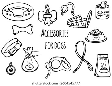 Dog products and accessories. Vector set of black and white hand drawn icons for print, poster, banner design