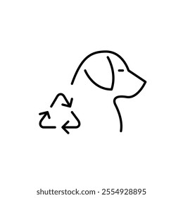 Dog profile and recycling arrows. Sustainable living, eco-friendly products for pets. Pixel perfect vector icon