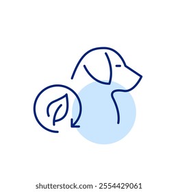 Dog profile view and leaf in recycling arrow. Natural pet care, eco-friendly sustainable products and practices. Pixel perfect, editable stroke icon