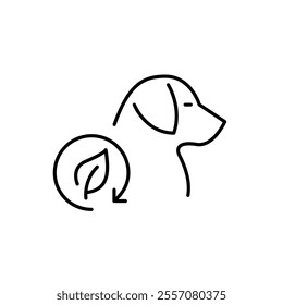 Dog profile view and leaf in recycling arrow. Natural pet care, eco-friendly sustainable products and practices. Pixel perfect vector icon