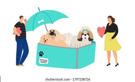 Dog protection. Dogs in box under umbrella. Cute pets and people, adopt animal or make donation vector concept