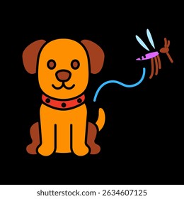 Dog protection icon. Dog wearing flea collar with flying mosquito, indicating pet safety from parasites.