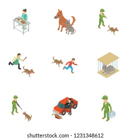 Dog protection icons set. Isometric set of 9 dog protection vector icons for web isolated on white background