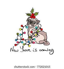 Dog - pug. Christmas garland. New year comes. Isolated vector object on white background.