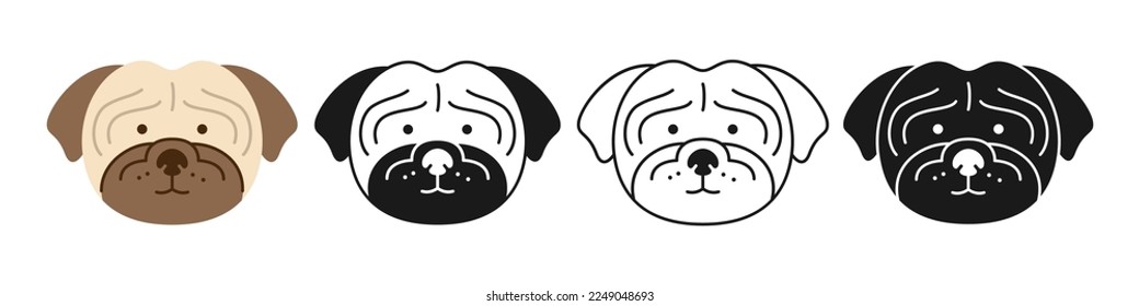Dog pug faces cartoon character set. Cute puppy childish kawaii head symbol muzzle, line doodle, icon or silhouette. Smiling funny doggy pet baby, comic animal print flat sticker template vector