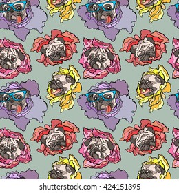Dog. Pug. Flower. Seamless vector pattern (background).