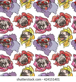 Dog. Pug. Flower. Seamless vector pattern (background).