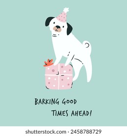 A dog, pug in a holiday hat with gift box creating a joyful and celebratory atmosphere. Vector illustration, greeting card for birthday