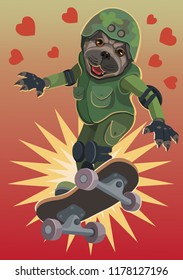  Dog pug loves to skateboard he flies up to the sky and happy, and enjoys this flight on the Board!