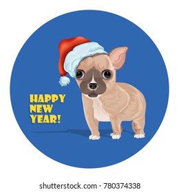 Dog Pug in Santa's hat. Cartoon vector character. Symbol of the new year 2018.