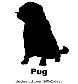 Dog Pug silhouette Breeds Bundle Dogs on the move. Dogs in different poses.
The dog jumps, the dog runs. The dog is sitting lying down playing
