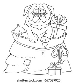 Dog Pug symbol 2018 new year. Page for adult coloring book. Vector illustration.