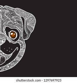 Dog pug.Graphics Handmade. Coloring page.Black background. Line drawing. Logotype. Tatto sketch. White line.Half head.