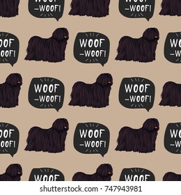 Dog Puli or Komondor seamless pattern colorful with hand drawn banner woof-woof