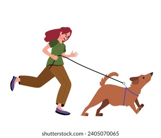 Dog pulling leash. Naughty stubborn doggy running. Disobedient mischievous active puppy. Bad canine animal behavior. Zoopsychology concept. Flat vector illustration isolated on white background