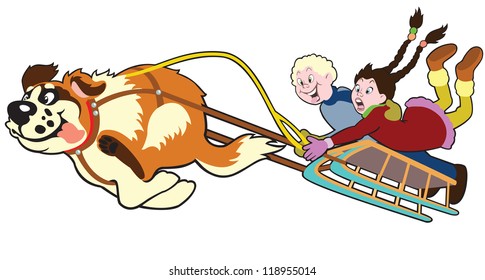 dog pulling sledge with children,cartoon image isolated on white background,vector illustration for little kids