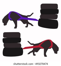 Dog pulling sport vector illustration. Dog training in weight pulling sport. Dog in harness pulls the cargo.