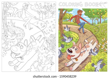 Dog pulls the leash with its owner. Walk in the park. Funny cartoon character. Vector illustration. Coloring book