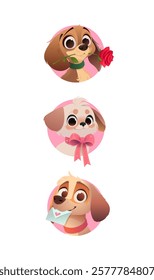 Dog and puppy avatars. Spaniel, Pekingese, Beagle. Red rose, bow, letter envelope with heart. Valenteens day. Pink background. Love and romantic greeting postcard. Modern cartoon vector illustration