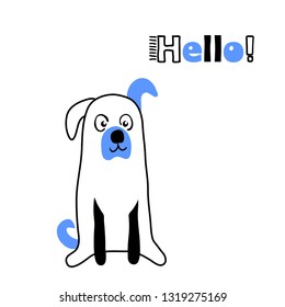dog puppy blue color cartton cute funny children illustration for your paper clothes sticker design word hello