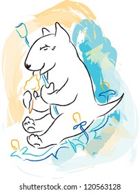 The dog is a puppy bull Terrier eating ice cream sitting on the chandelier