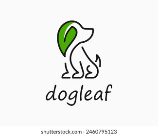 Dog Puppy Canine Pet Leaf Green Fresh Organic Line Art Drawing Vector Logo Design Illustration