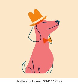 Dog, puppy in cap, hat. Avatar, badge, poster, logo templates, print. Vector illustration in a minimalist style with Riso print effect. Flat cartoon style