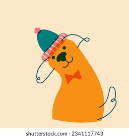 Dog, puppy in cap, hat. Avatar, badge, poster, logo templates, print. Vector illustration in a minimalist style with Riso print effect. Flat cartoon style