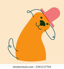 Perro, cachorro con gorra, sombrero. Avatar, insignia, afiche, plantillas de logotipo, impresión. Ilustración vectorial en un estilo minimalista con efecto de impresión Riso. Estilo de caricatura plano