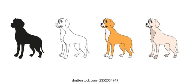 Dog or puppy in cartoon. Silhouette, contour, brown and white coloring of the dog. Vector isolated. Home pet. For emblem, badge, print, textile, pet shop, gift print, children's coloring book