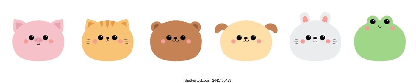 Perro cachorro, gato gatito gatito, oso, conejo conejito liebre, cerdo, cara de rana icono de línea de conjunto. Animal Kawaii. Lindo personaje de dibujos animados. Un bebé gracioso. Tarjeta de amor. Diseño plano. Fondo blanco. Ilustración de vector