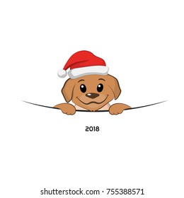 dog, puppy, christmas, santa, hat, isolated, animal, xmas, new, year, white, background, cartoon, holiday, print, 2018, vector, pet, celebration, winter, funny, merry, red, portrait, happy, claus, cut
