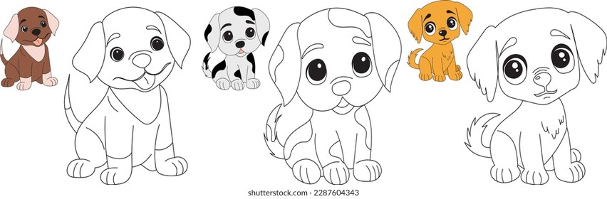 dog, puppy coloring book set on white background, vector