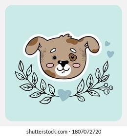 Dog, puppy. Cute funny hand drawn animal with hearts, leaves and branches. Cartoon doodle sketch style. Vector illustration for card, banner, poster, baby cloth, sticker, interior elements for nursery