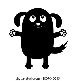 Dog puppy face black silhouette holding hands up. Pet collection. Pooch, paw print hug. Flat design. Cute cartoon funny character. White background. Isolated. Vector illustration