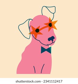 Hund, Welpe in Brille. Avatar, Badge, Poster, Logo-Vorlagen, Druck. Vektorgrafik im minimalistischen Stil mit Riso-Druckeffekt. Flacher Cartoon-Stil